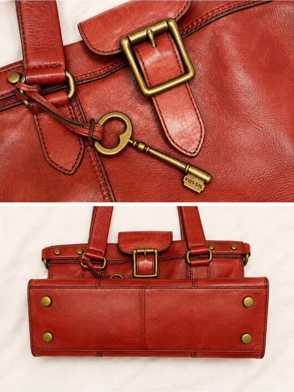 Fossil Classic Red Leather Tote Shoulder Bag with Brass Key Charm - Picture 4 of 5